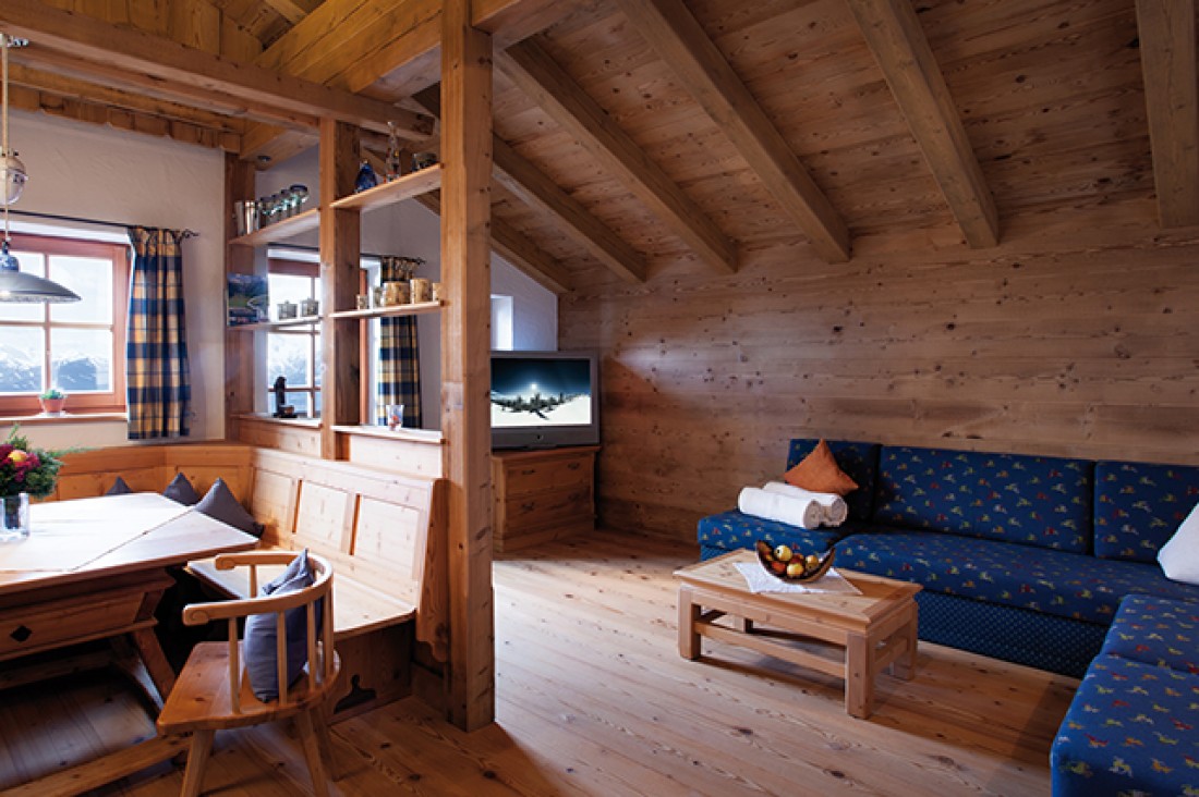 heimeliger Wohnberich mit Flachbildschirm-TV Almchalet-Apartment Salzburger Land