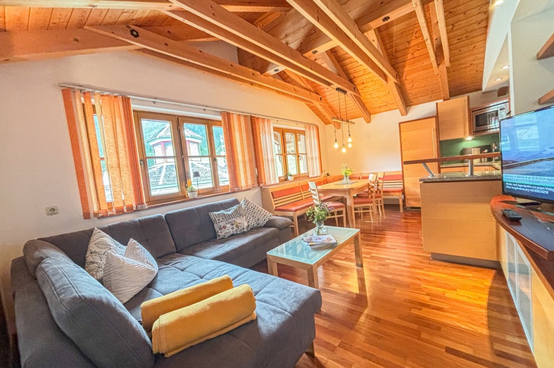 Wohnbereich mit gemütlicher Sofa in der Ferienwohnung Wieseck im Landhaus Zaglauhof Werfenweng Salzburger Land